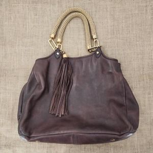 Tory Burch Chocolate Brown Leather Shoulder Bag with Braided Cream Handles